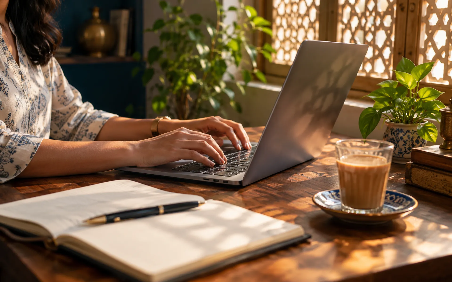 Hands on a laptop keyboard beside a notebook and a cup of chai on a wooden desk.