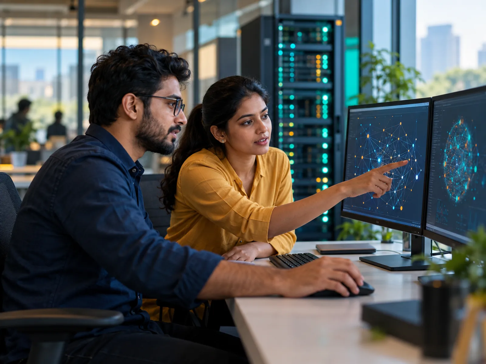 Two engineers configuring connected systems together at a workstation.